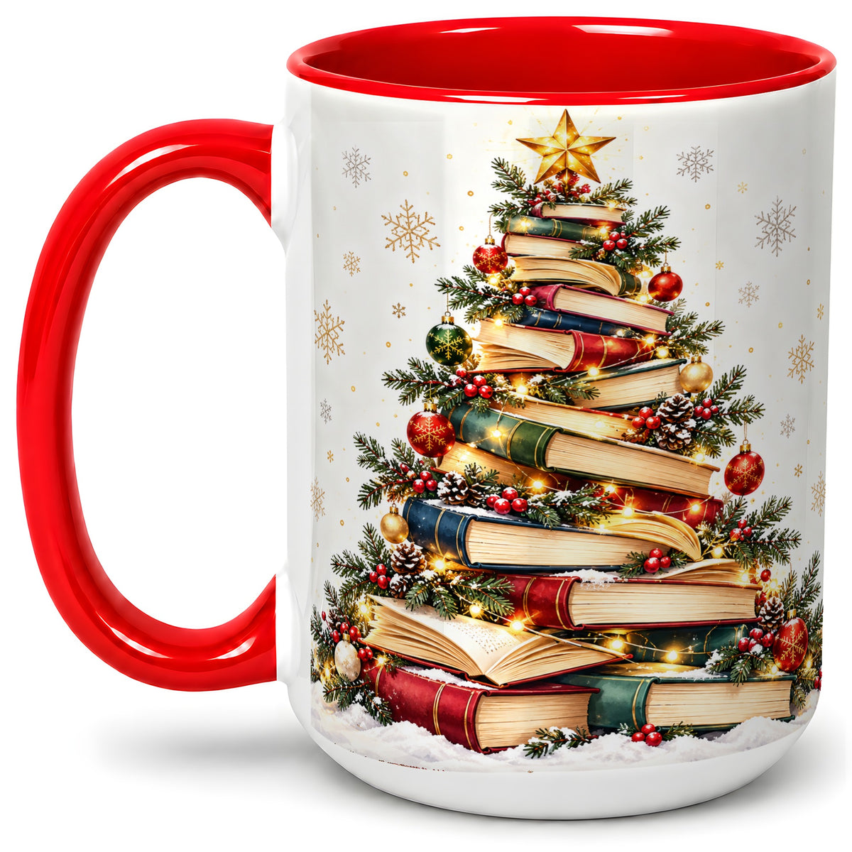 #pl[15oz|Red] Christmas Book Tree Accent Mug, Ceramic Coffee Cup for Book Lovers