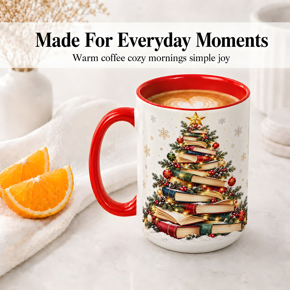 #pl[15oz|Red] Christmas Book Tree Accent Mug, Ceramic Coffee Cup for Book Lovers
