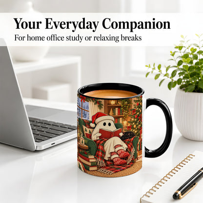 #pl[11oz|Black] Cozy Christmas Ghost Accent Mug, Ceramic Coffee Cup for Book Lovers