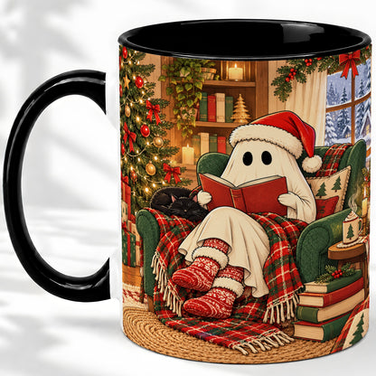 #pl[11oz|Black] Cozy Christmas Ghost Accent Mug, Ceramic Coffee Cup for Book Lovers