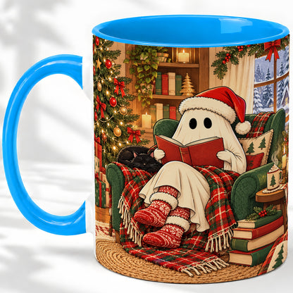 #pl[11oz|Blue] Cozy Christmas Ghost Accent Mug, Ceramic Coffee Cup for Book Lovers