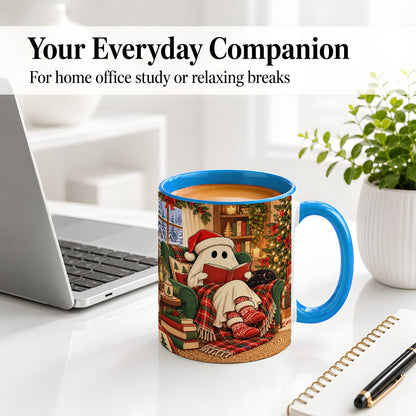 #pl[11oz|Blue] Cozy Christmas Ghost Accent Mug, Ceramic Coffee Cup for Book Lovers