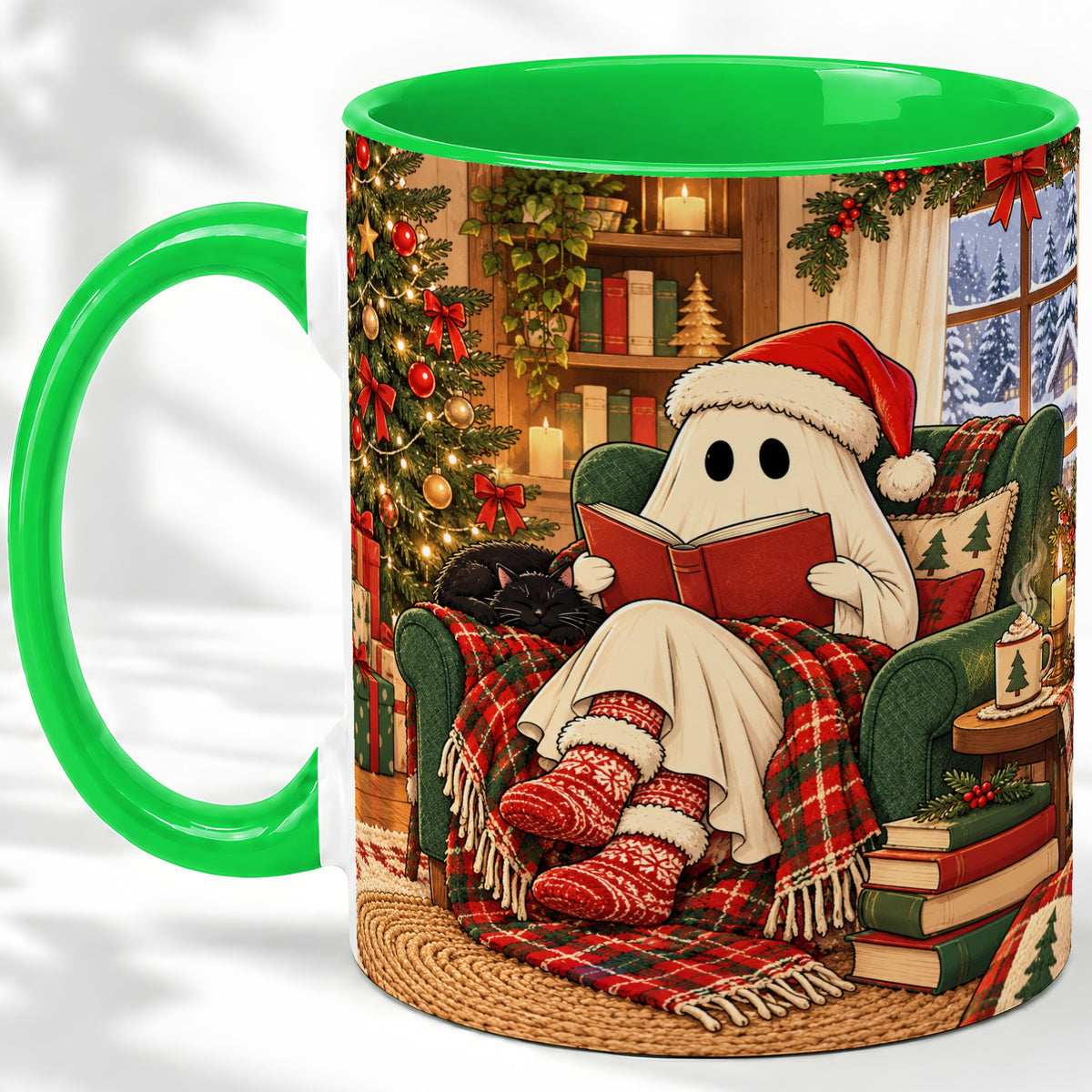 #pl[11oz|Green] Cozy Christmas Ghost Accent Mug, Ceramic Coffee Cup for Book Lovers