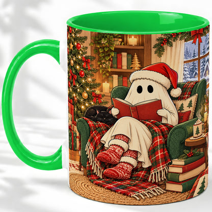#pl[11oz|Green] Cozy Christmas Ghost Accent Mug, Ceramic Coffee Cup for Book Lovers