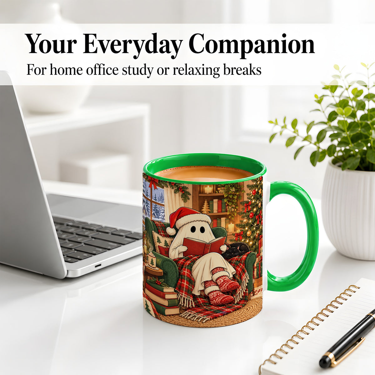 #pl[11oz|Green] Cozy Christmas Ghost Accent Mug, Ceramic Coffee Cup for Book Lovers