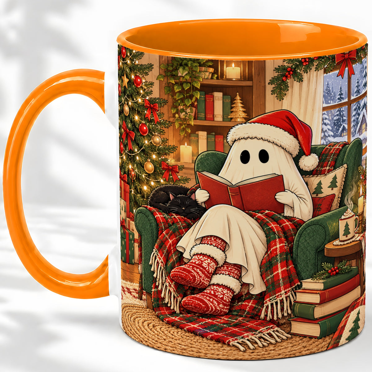 #pl[11oz|Orange] Cozy Christmas Ghost Accent Mug, Ceramic Coffee Cup for Book Lovers