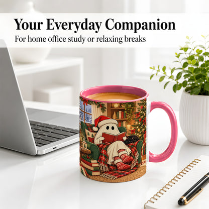 #pl[11oz|Pink] Cozy Christmas Ghost Accent Mug, Ceramic Coffee Cup for Book Lovers