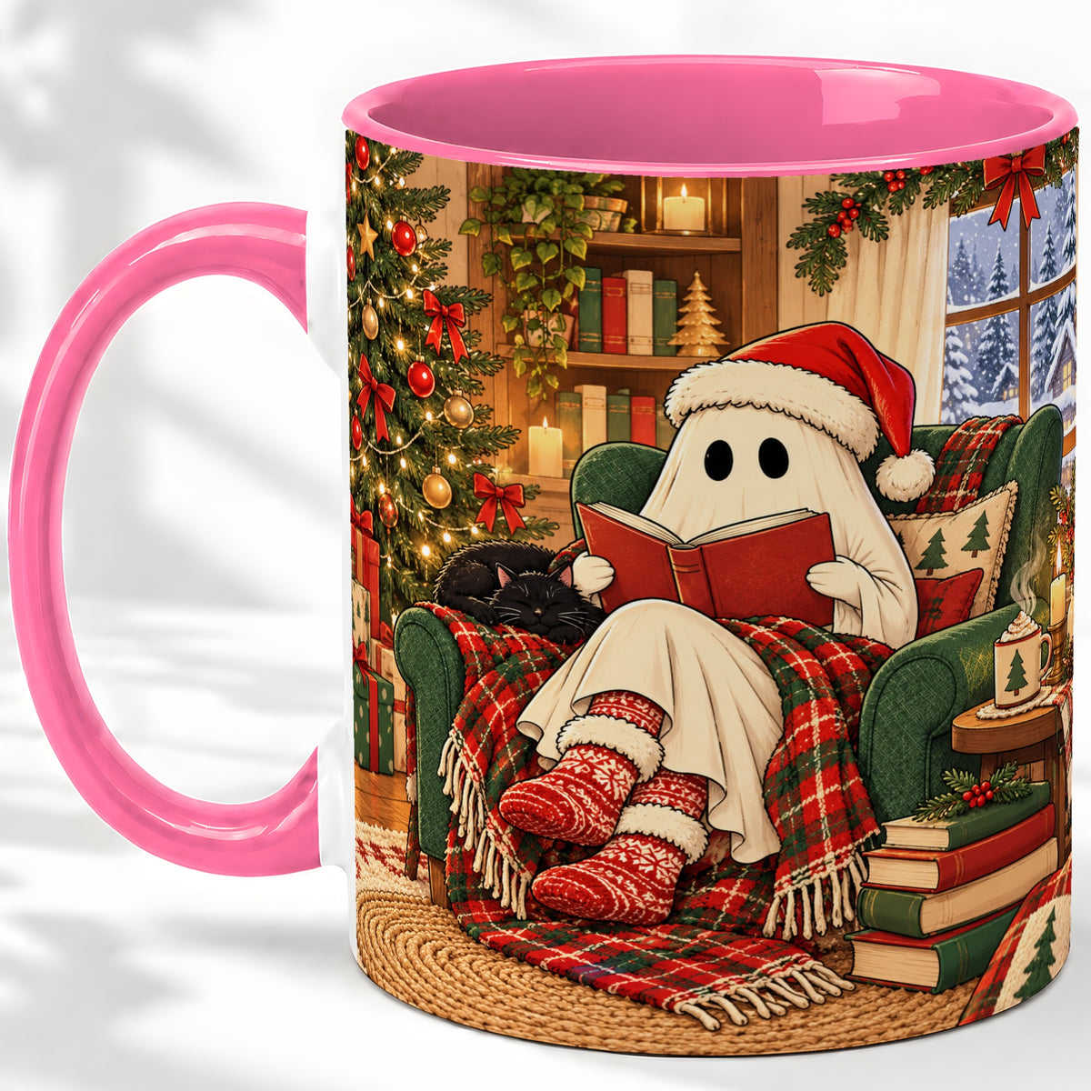 #pl[11oz|Pink] Cozy Christmas Ghost Accent Mug, Ceramic Coffee Cup for Book Lovers
