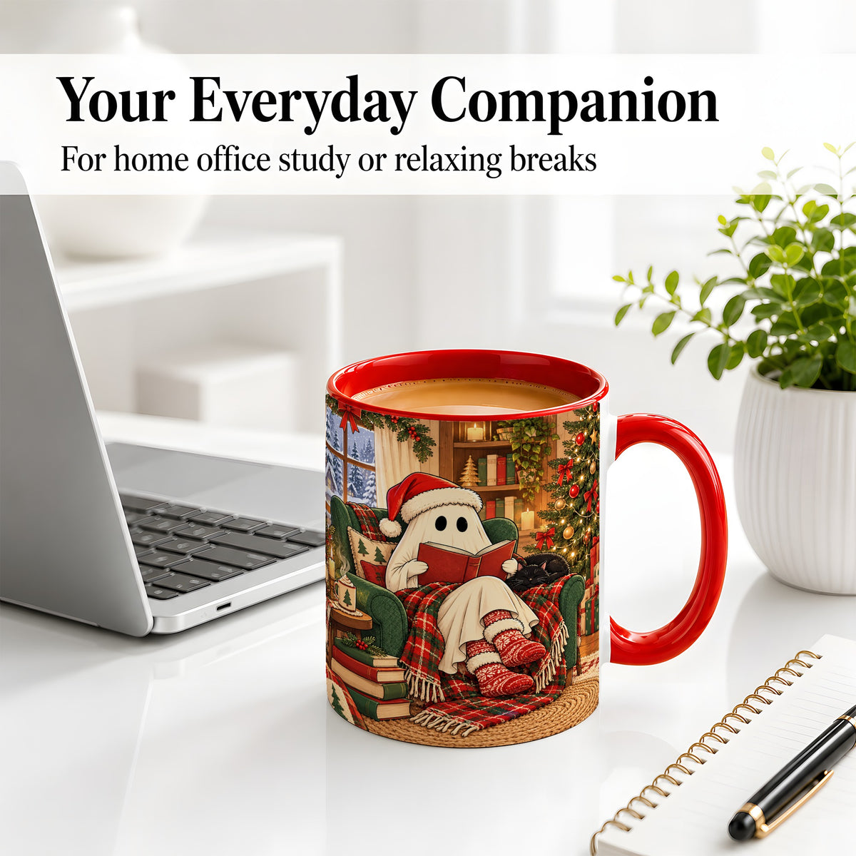 #pl[11oz|Red] Cozy Christmas Ghost Accent Mug, Ceramic Coffee Cup for Book Lovers