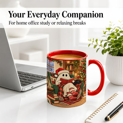 #pl[11oz|Red] Cozy Christmas Ghost Accent Mug, Ceramic Coffee Cup for Book Lovers
