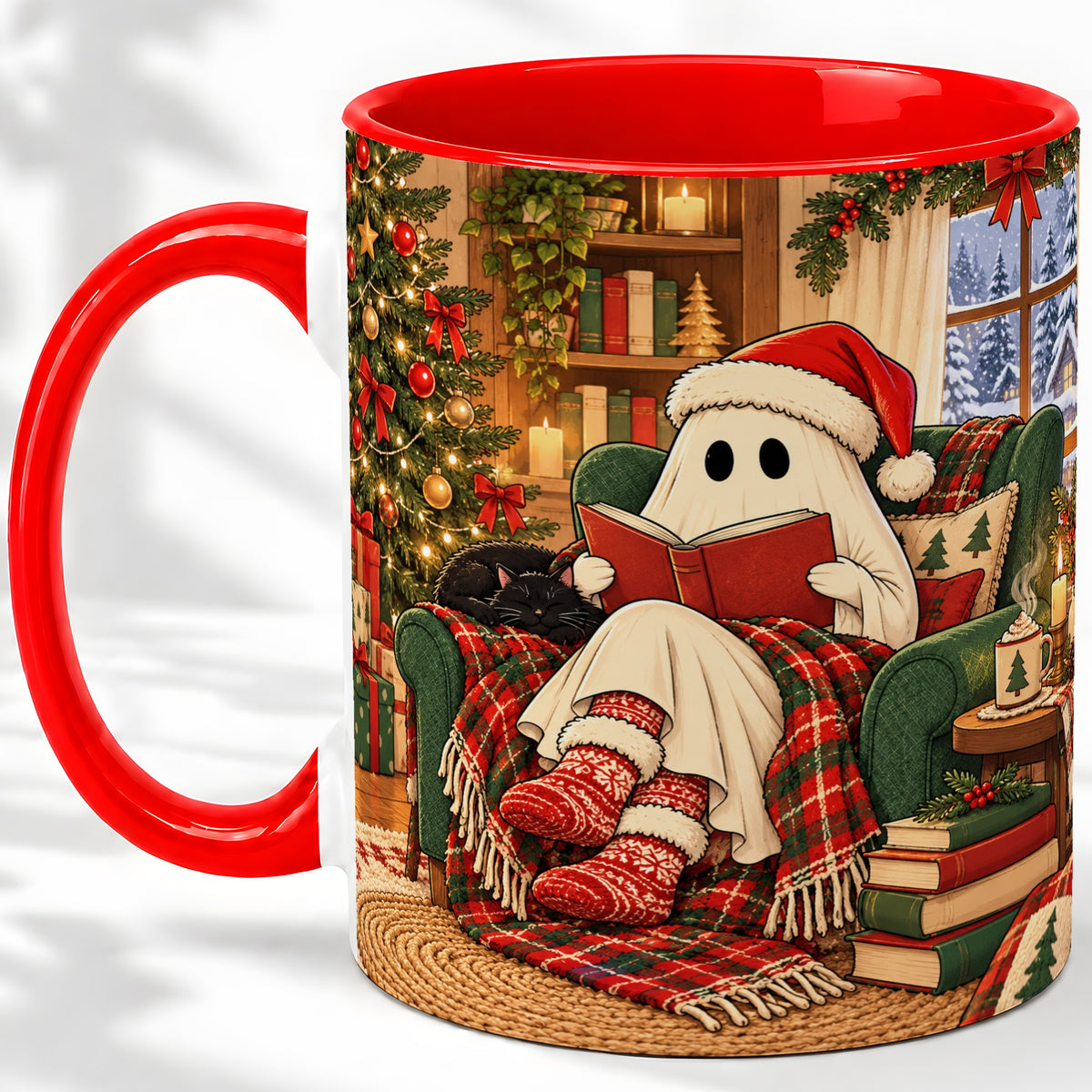 Cozy Christmas Ghost Accent Mug, Ceramic Coffee Cup for Book Lovers