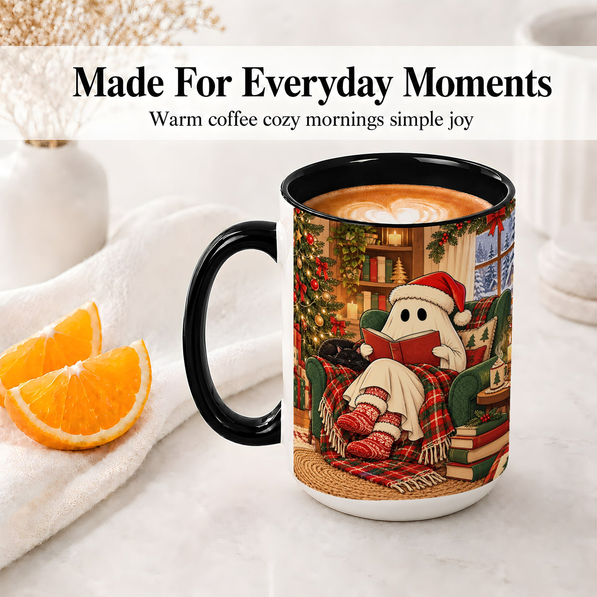 #pl[15oz|Black] Cozy Christmas Ghost Accent Mug, Ceramic Coffee Cup for Book Lovers