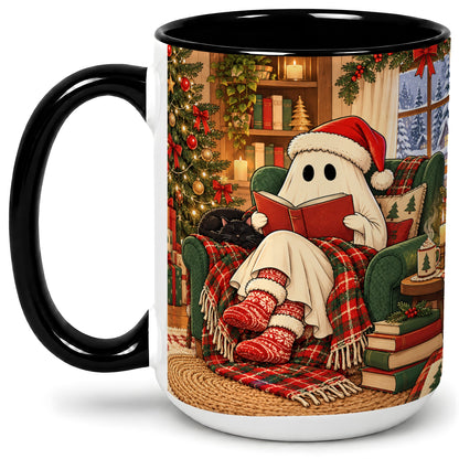 #pl[15oz|Black] Cozy Christmas Ghost Accent Mug, Ceramic Coffee Cup for Book Lovers