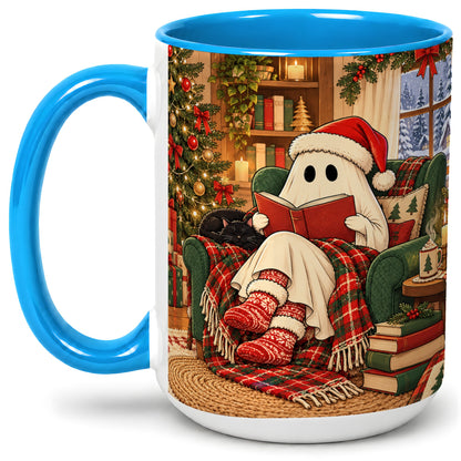 #pl[15oz|Blue] Cozy Christmas Ghost Accent Mug, Ceramic Coffee Cup for Book Lovers