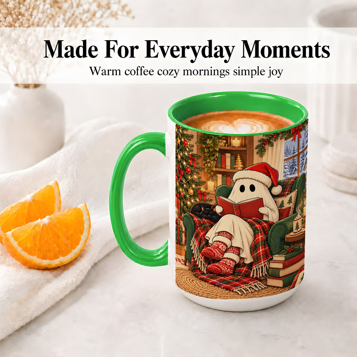 #pl[15oz|Green] Cozy Christmas Ghost Accent Mug, Ceramic Coffee Cup for Book Lovers