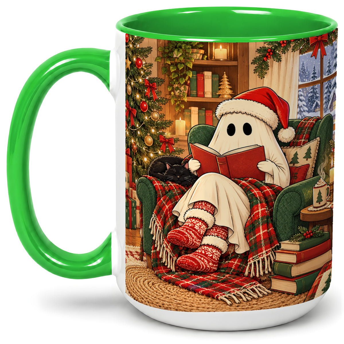 #pl[15oz|Green] Cozy Christmas Ghost Accent Mug, Ceramic Coffee Cup for Book Lovers