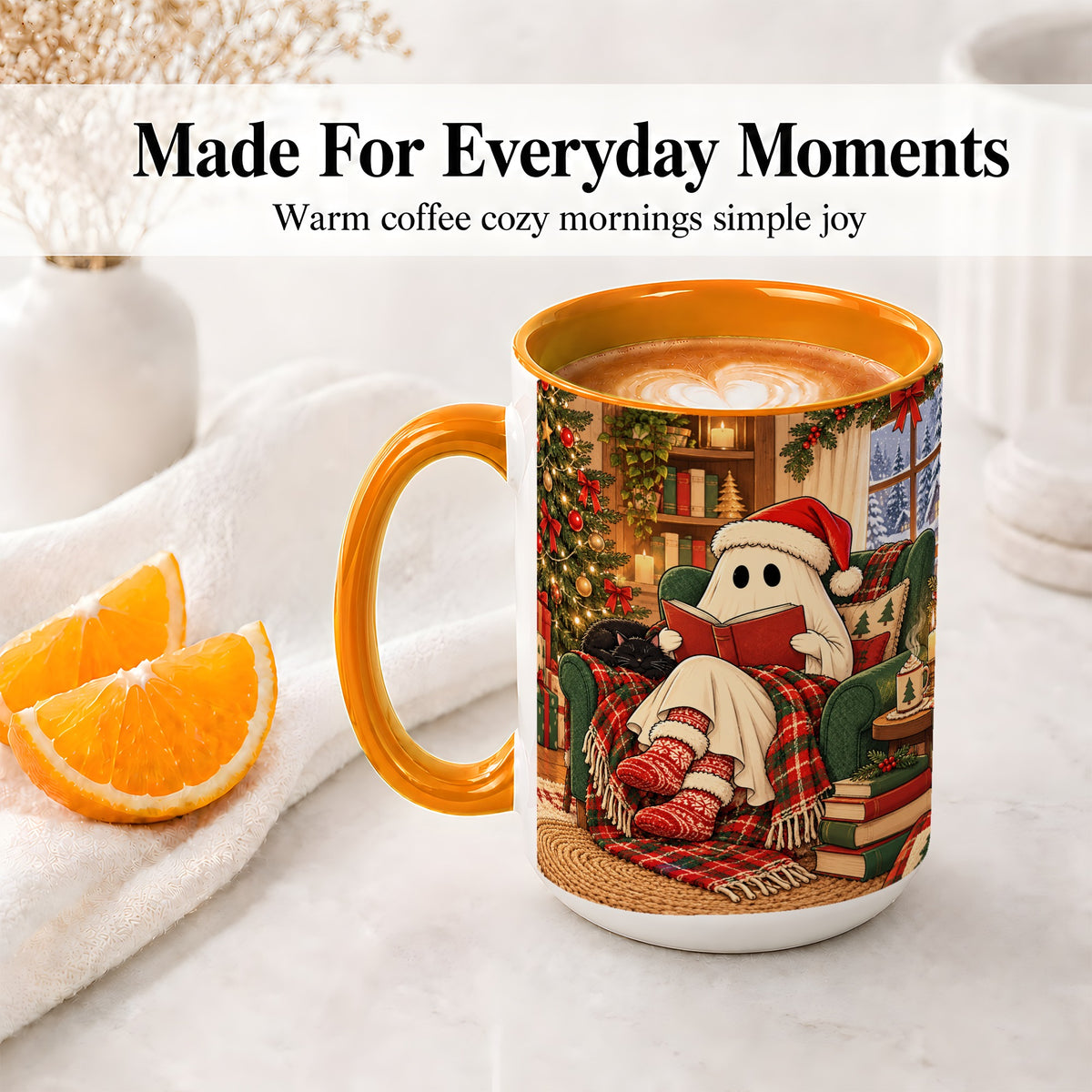#pl[15oz|Orange] Cozy Christmas Ghost Accent Mug, Ceramic Coffee Cup for Book Lovers