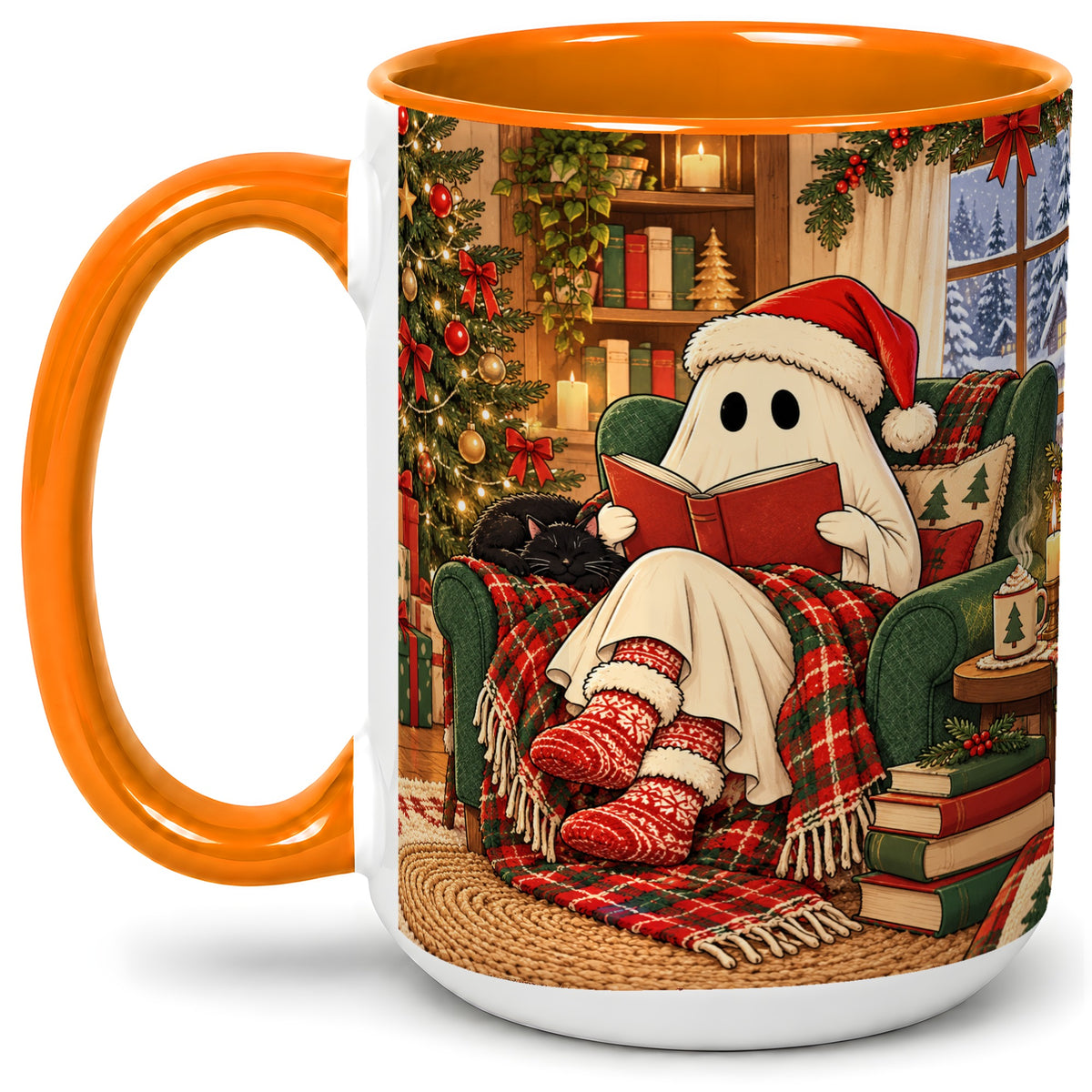 #pl[15oz|Orange] Cozy Christmas Ghost Accent Mug, Ceramic Coffee Cup for Book Lovers
