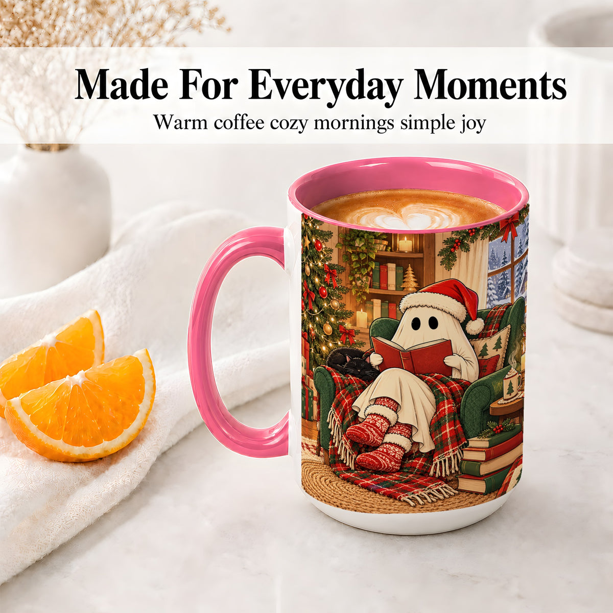 #pl[15oz|Pink] Cozy Christmas Ghost Accent Mug, Ceramic Coffee Cup for Book Lovers