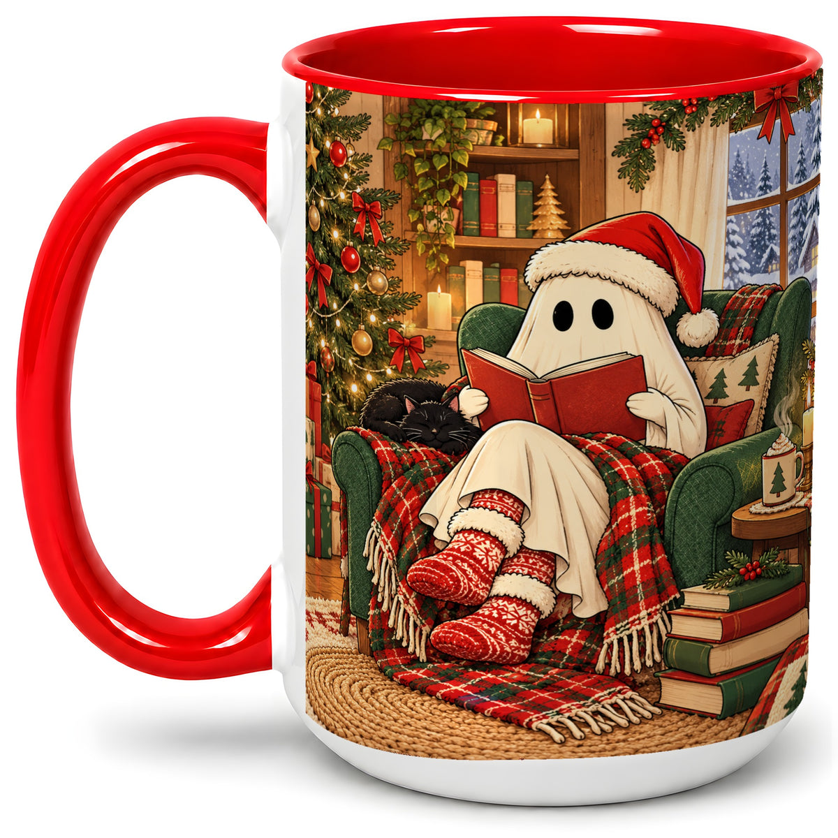 #pl[15oz|Red] Cozy Christmas Ghost Accent Mug, Ceramic Coffee Cup for Book Lovers
