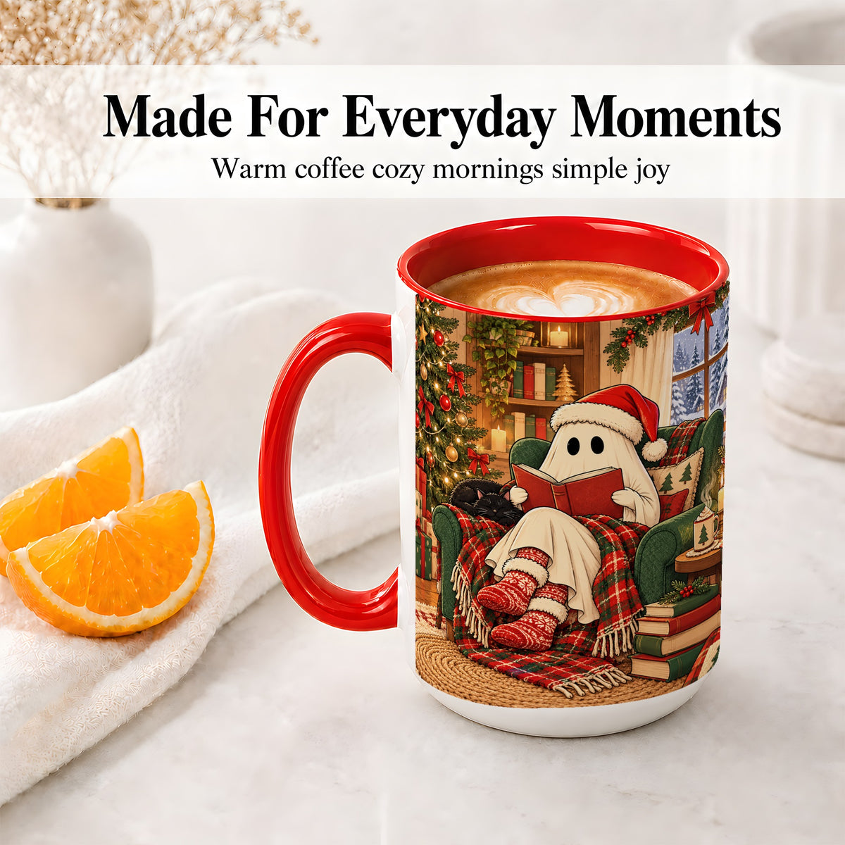 #pl[15oz|Red] Cozy Christmas Ghost Accent Mug, Ceramic Coffee Cup for Book Lovers