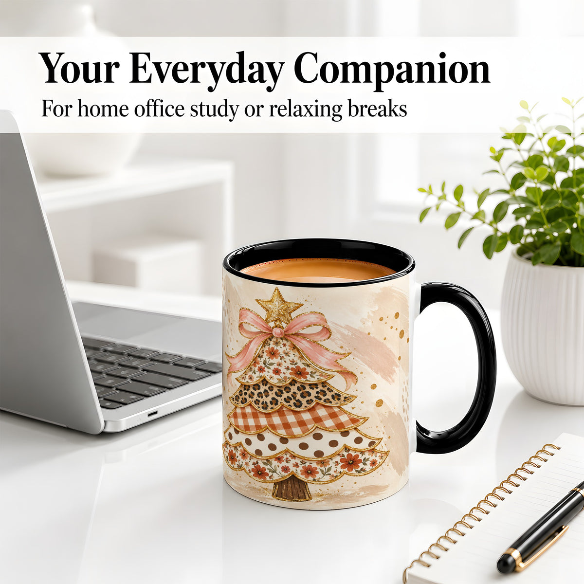 #pl[11oz|Black] Patchwork Christmas Tree Accent Mug, Ceramic Cup with Pink Bow Art