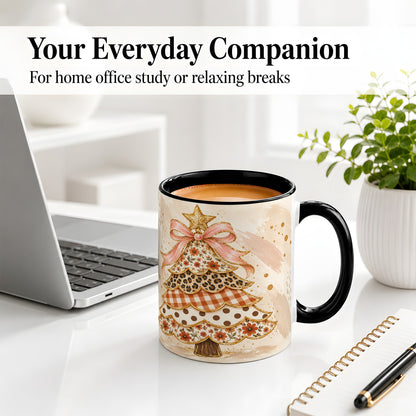 #pl[11oz|Black] Patchwork Christmas Tree Accent Mug, Ceramic Cup with Pink Bow Art