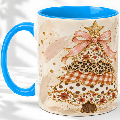 #pl[11oz|Blue] Patchwork Christmas Tree Accent Mug, Ceramic Cup with Pink Bow Art