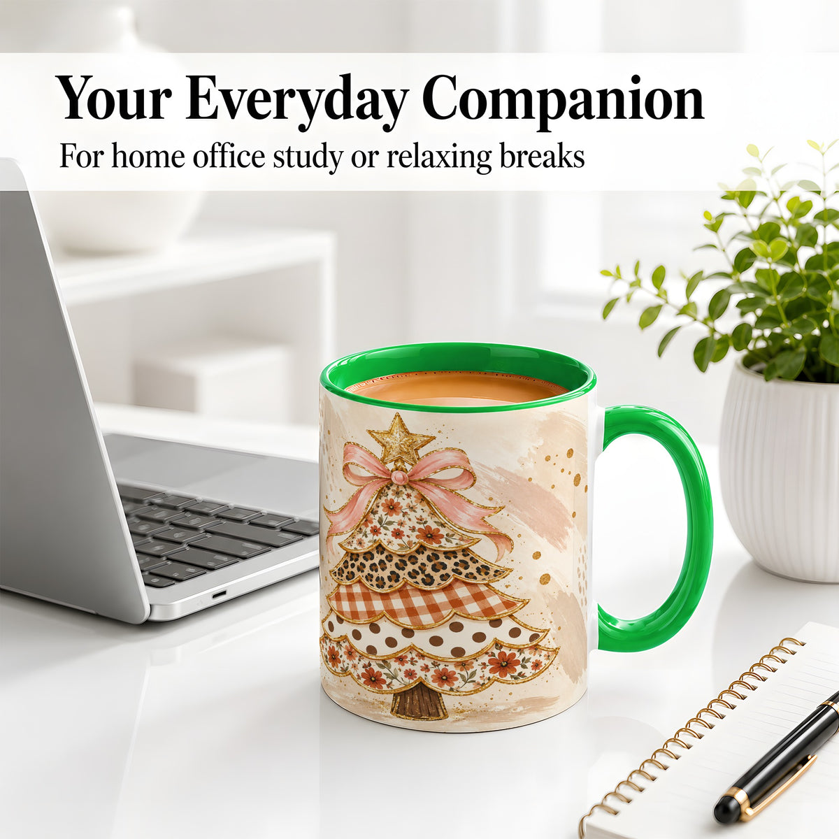 #pl[11oz|Green] Patchwork Christmas Tree Accent Mug, Ceramic Cup with Pink Bow Art