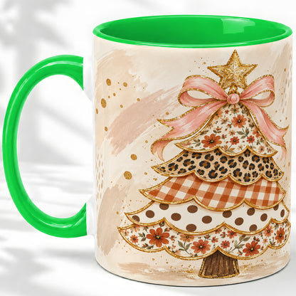 #pl[11oz|Green] Patchwork Christmas Tree Accent Mug, Ceramic Cup with Pink Bow Art