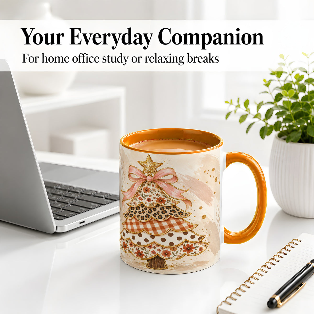 #pl[11oz|Orange] Patchwork Christmas Tree Accent Mug, Ceramic Cup with Pink Bow Art