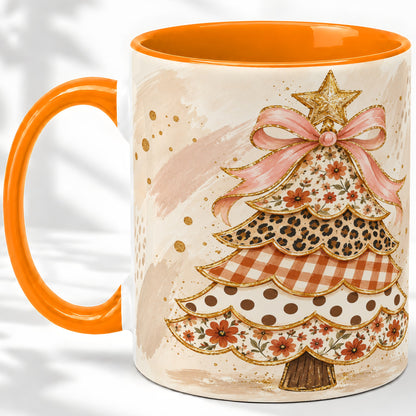 #pl[11oz|Orange] Patchwork Christmas Tree Accent Mug, Ceramic Cup with Pink Bow Art