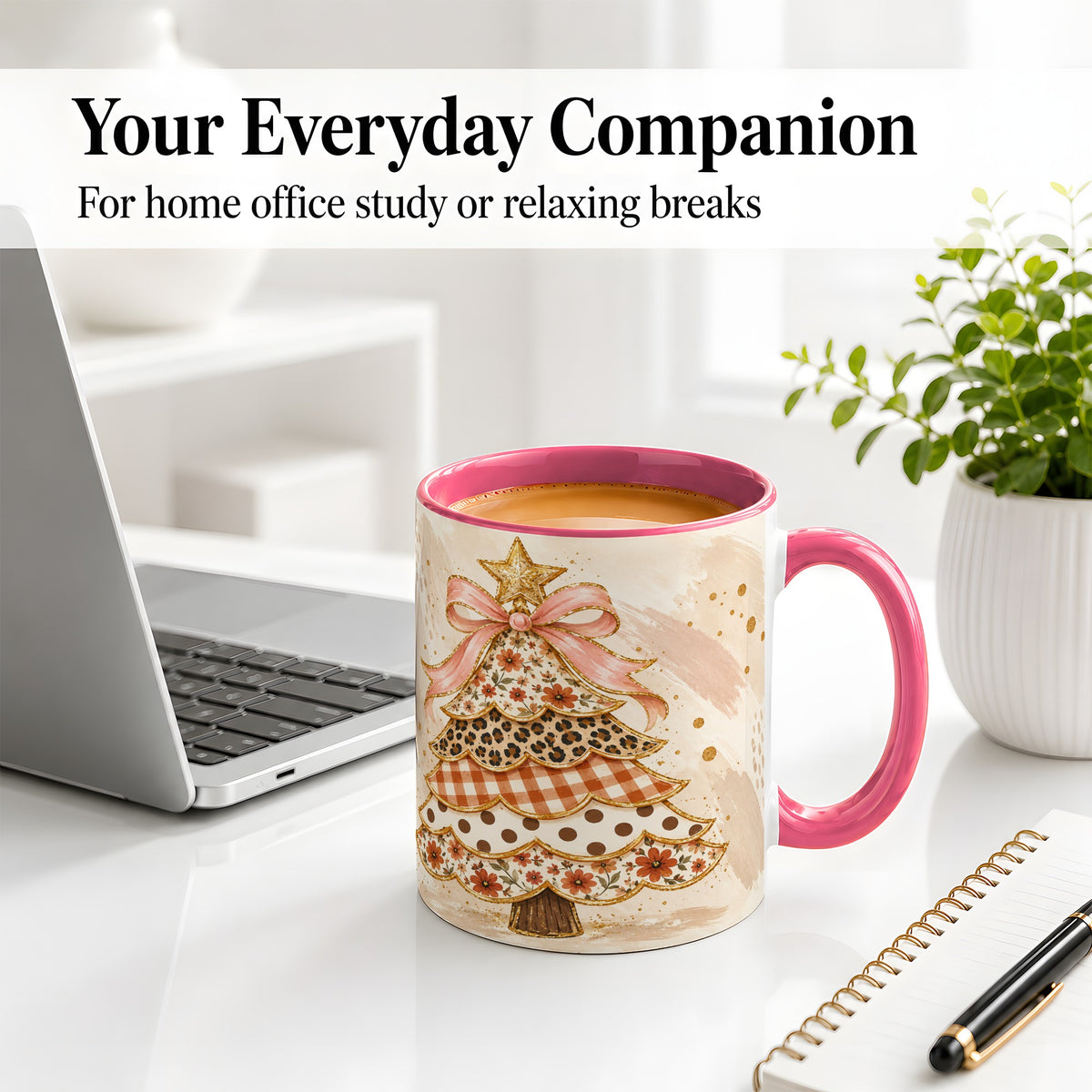#pl[11oz|Pink] Patchwork Christmas Tree Accent Mug, Ceramic Cup with Pink Bow Art