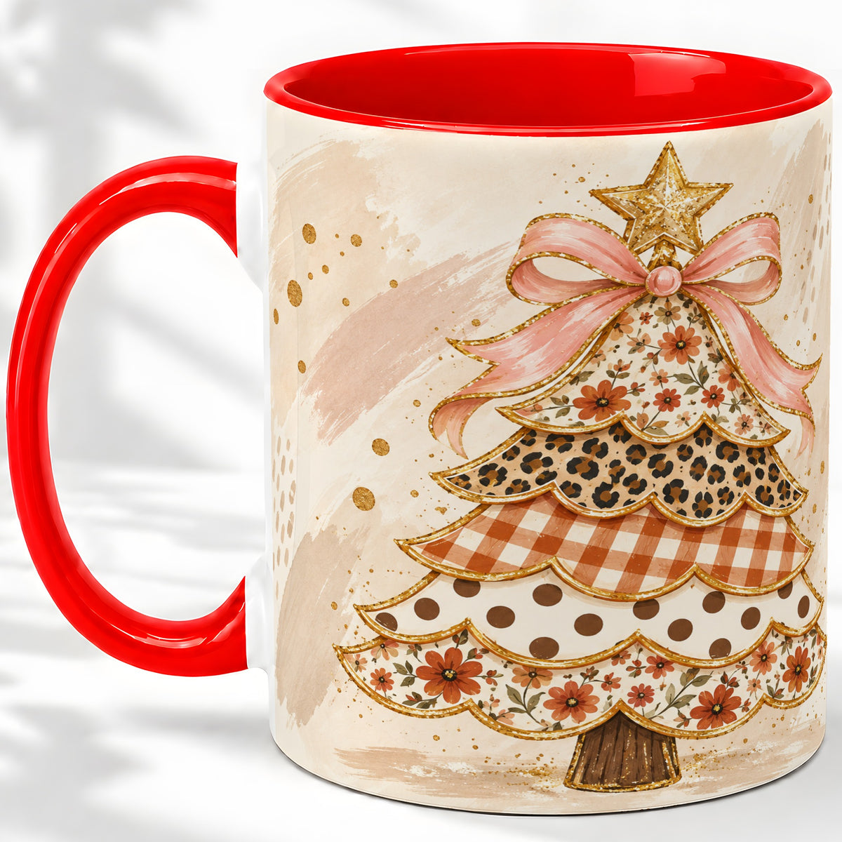 Patchwork Christmas Tree Accent Mug, Ceramic Cup with Pink Bow Art