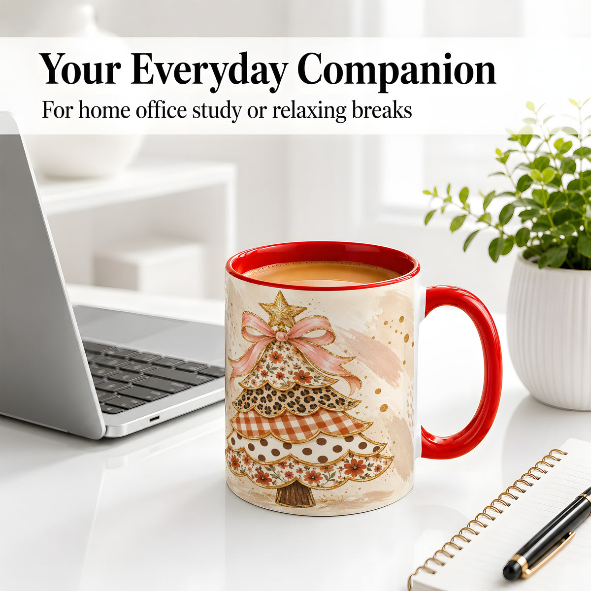 #pl[11oz|Red] Patchwork Christmas Tree Accent Mug, Ceramic Cup with Pink Bow Art