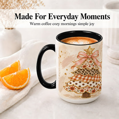 #pl[15oz|Black] Patchwork Christmas Tree Accent Mug, Ceramic Cup with Pink Bow Art