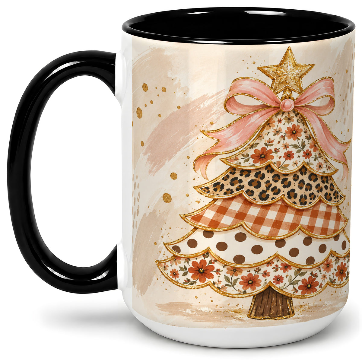 #pl[15oz|Black] Patchwork Christmas Tree Accent Mug, Ceramic Cup with Pink Bow Art