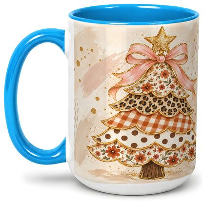 #pl[15oz|Blue] Patchwork Christmas Tree Accent Mug, Ceramic Cup with Pink Bow Art