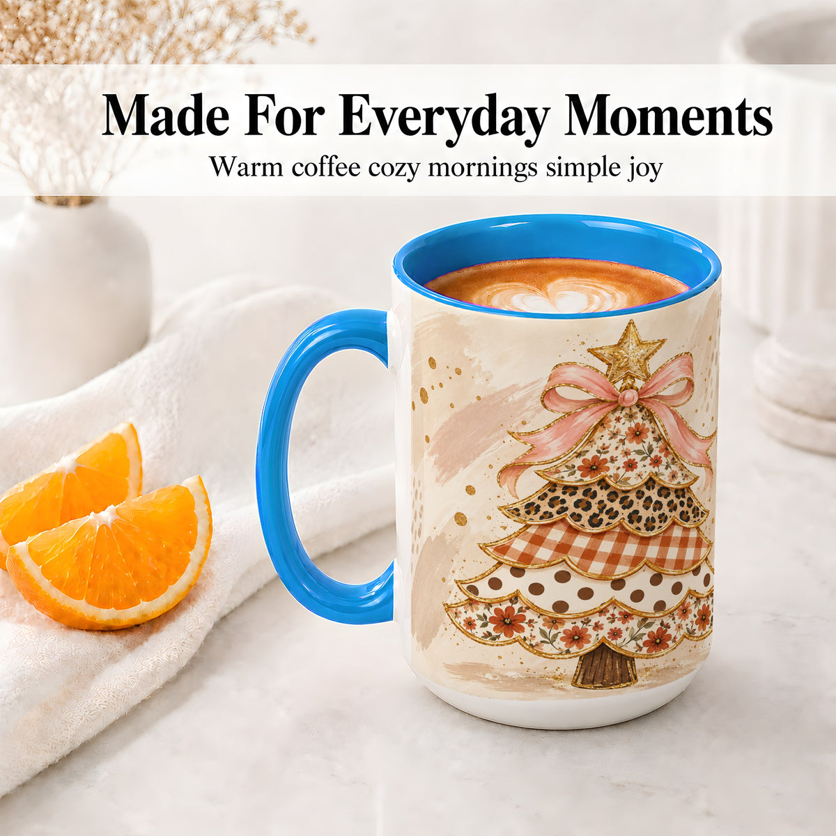 #pl[15oz|Blue] Patchwork Christmas Tree Accent Mug, Ceramic Cup with Pink Bow Art