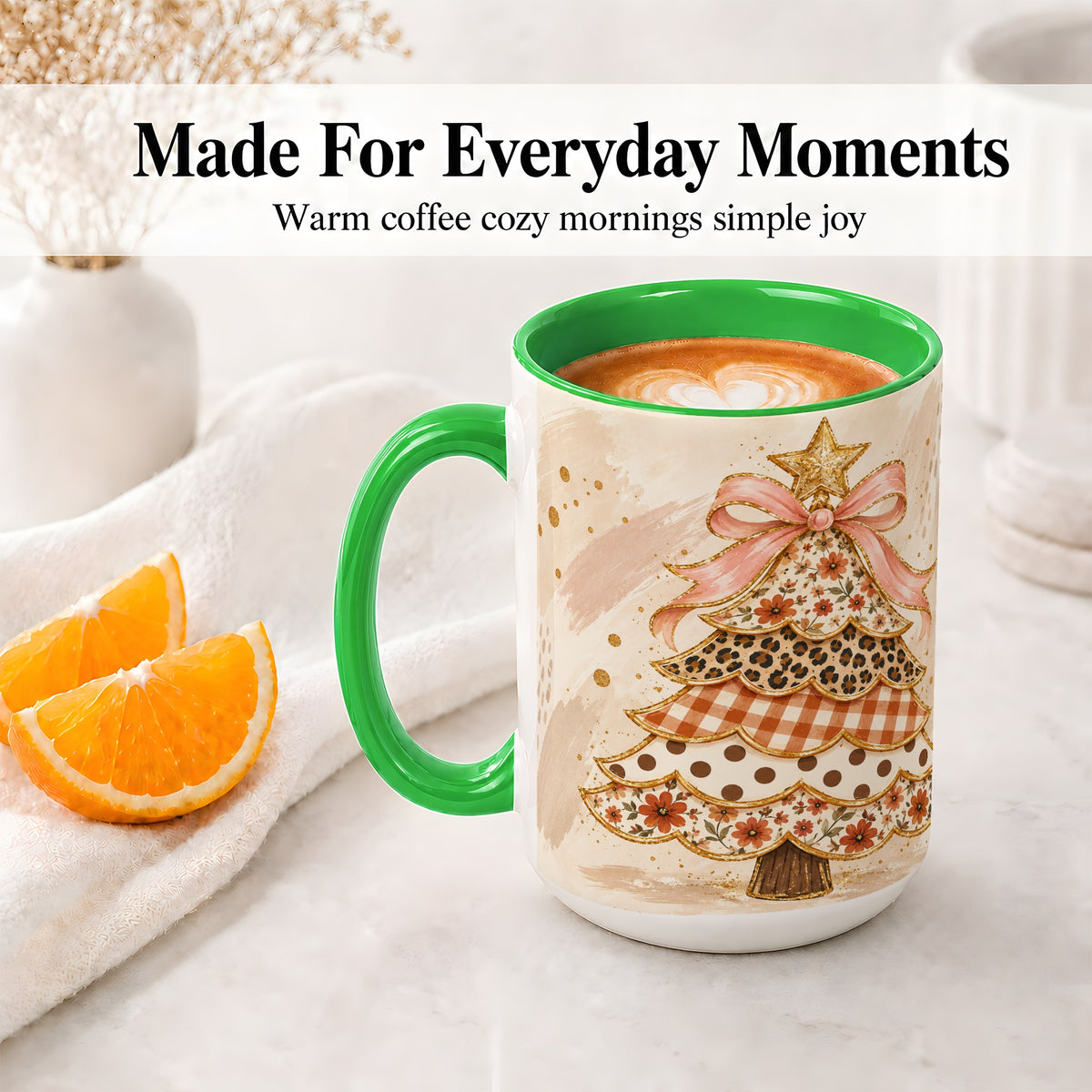 #pl[15oz|Green] Patchwork Christmas Tree Accent Mug, Ceramic Cup with Pink Bow Art