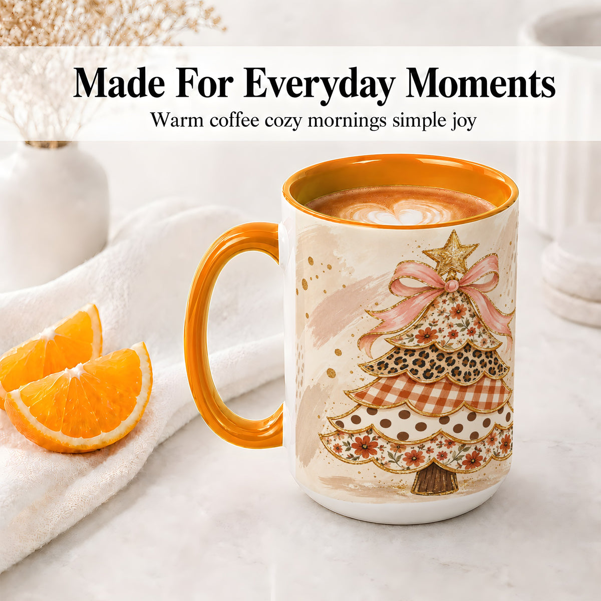 #pl[15oz|Orange] Patchwork Christmas Tree Accent Mug, Ceramic Cup with Pink Bow Art