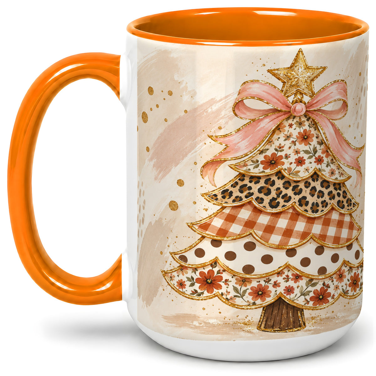 #pl[15oz|Orange] Patchwork Christmas Tree Accent Mug, Ceramic Cup with Pink Bow Art