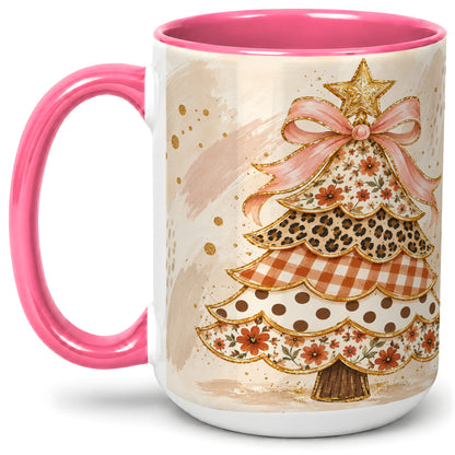 #pl[15oz|Pink] Patchwork Christmas Tree Accent Mug, Ceramic Cup with Pink Bow Art