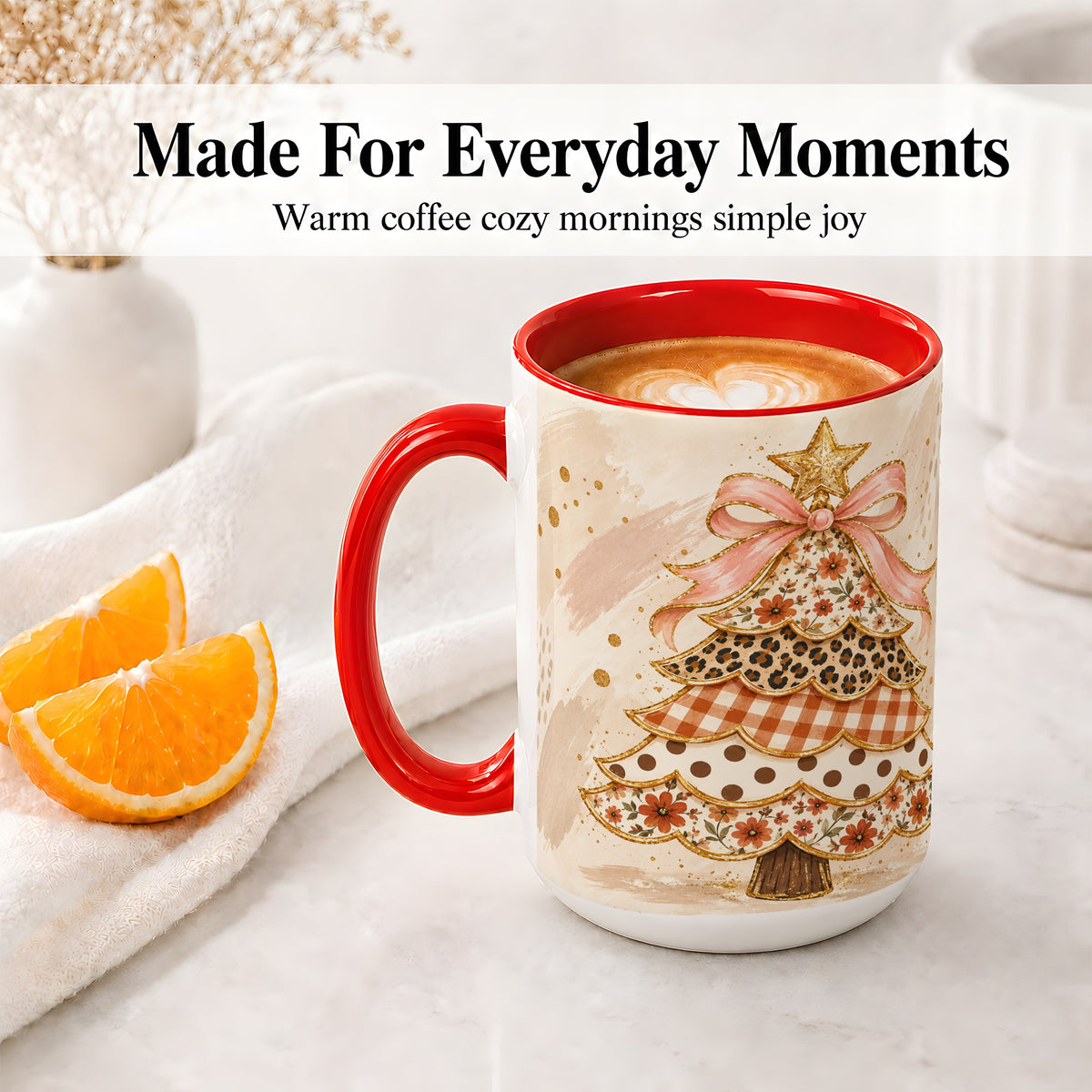 #pl[15oz|Red] Patchwork Christmas Tree Accent Mug, Ceramic Cup with Pink Bow Art
