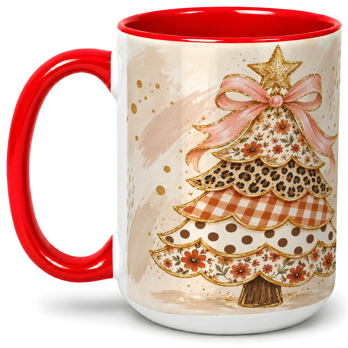 #pl[15oz|Red] Patchwork Christmas Tree Accent Mug, Ceramic Cup with Pink Bow Art