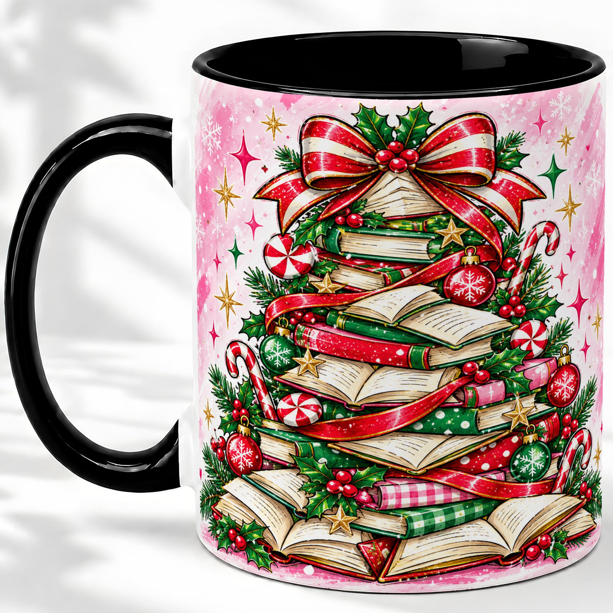 #pl[11oz|Black] Pink Christmas Book Tree Accent Mug, Ceramic Coffee Cup for Readers