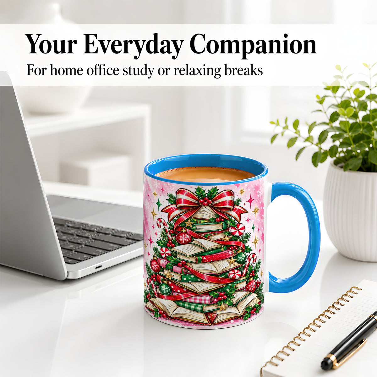 #pl[11oz|Blue] Pink Christmas Book Tree Accent Mug, Ceramic Coffee Cup for Readers