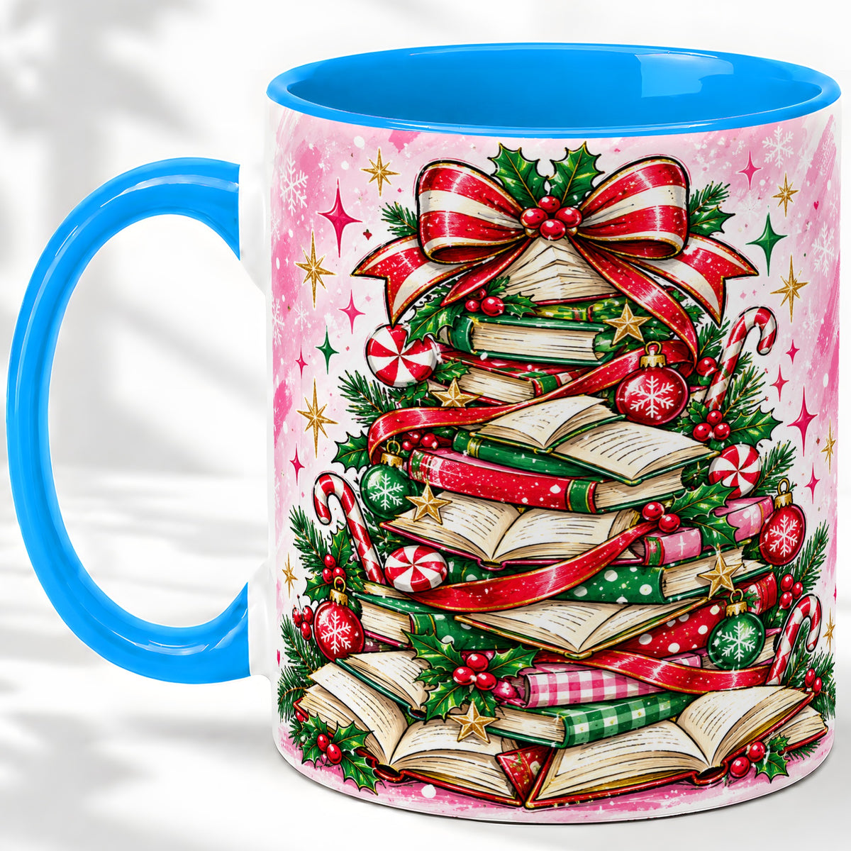 #pl[11oz|Blue] Pink Christmas Book Tree Accent Mug, Ceramic Coffee Cup for Readers