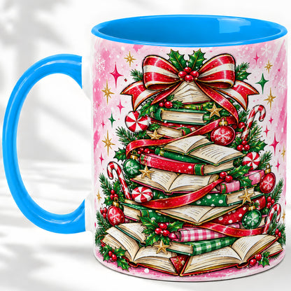 #pl[11oz|Blue] Pink Christmas Book Tree Accent Mug, Ceramic Coffee Cup for Readers