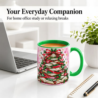 #pl[11oz|Green] Pink Christmas Book Tree Accent Mug, Ceramic Coffee Cup for Readers